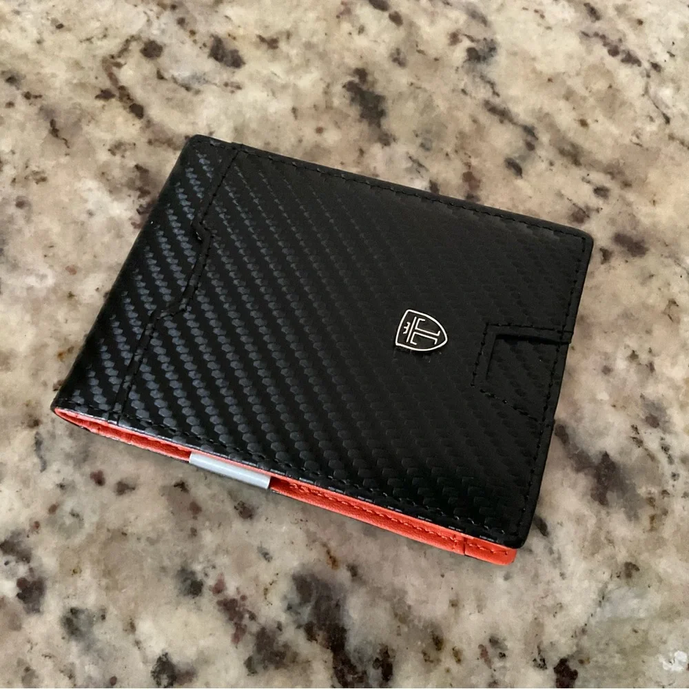 New Travando Austin Slim RFID Blocking Money Clip Bifold Carbon Wallet